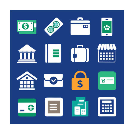 Financial and Business Vector Icons on Blue Background in a Square Layoutのイラスト素材