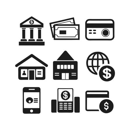 Modern Finance Icons Representing Banking, Payments, and Global Transactions on White Backgroundのイラスト素材