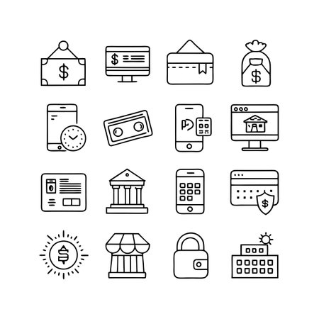 Digital finance and banking line icon set representing online transactions and investmentのイラスト素材