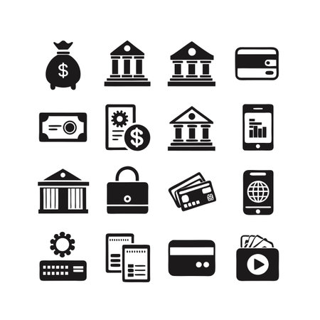 Financial icons collection: money, banking, payment, and transaction symbols depicting business, currency, and digital servicesのイラスト素材