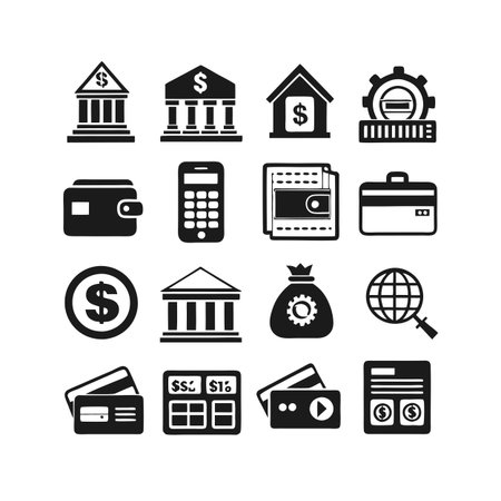 Financial Icons Set Depicting Banking, Currency, and Investment in Flat Designのイラスト素材