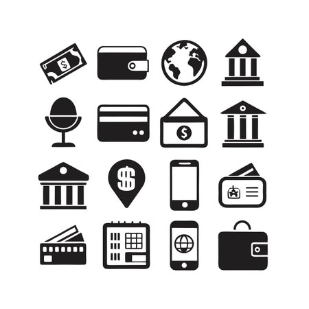 Finance and banking icon set depicting money, transactions, and global economics on white backgroundのイラスト素材