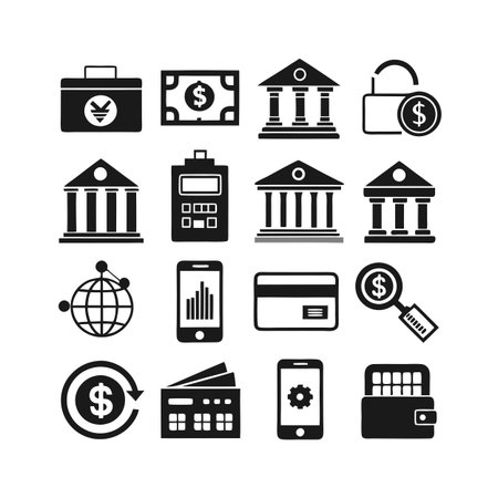 Financial Icons Set: Banking, Currency, Security, and Transactions in Flat Designのイラスト素材