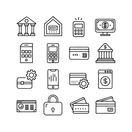 Modern financial icon set featuring bank, credit cards, and digital transactions in minimalist line artのイラスト素材