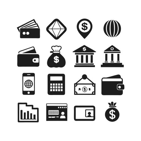 Financial and business icon set depicting banking, currency, data analysis and business managementのイラスト素材