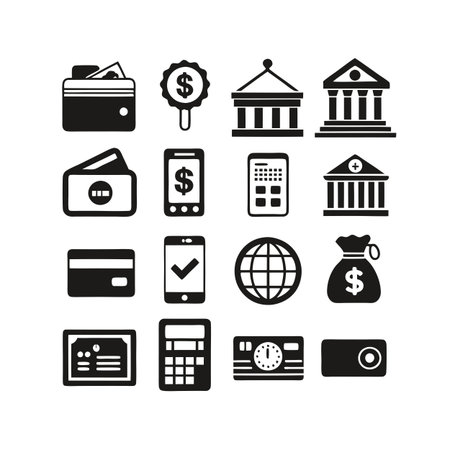 Digital banking and finance icon set representing investment, banking, and secure transactionsのイラスト素材