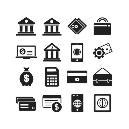 Financial and banking icon set collection symbolizing digital economy and investment concept in simple black monochrome styleのイラスト素材