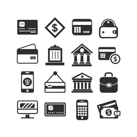 Black and white finance icon set representing financial transactions and banking activitiesのイラスト素材