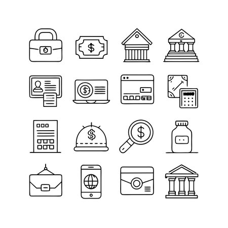 Banking and Finance Icon Set: Clean Line Art Representation of Essential Financial Elementsのイラスト素材