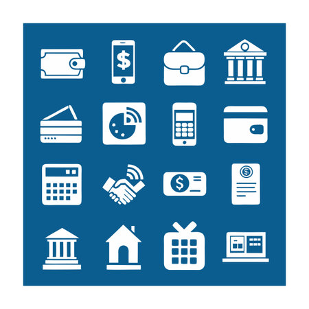 Finance and Banking Icons Set Against a Solid Blue Background Illustrationのイラスト素材