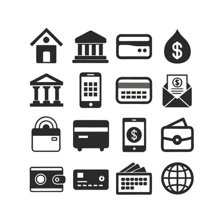Black and white finance and banking icons collection in a geometric arrangement on a white backgroundのイラスト素材