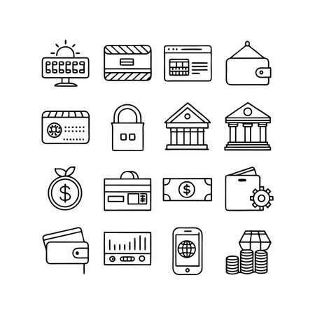 Financial Technology and Banking Outline Icons on White Background Representing Modern Digital Economyのイラスト素材