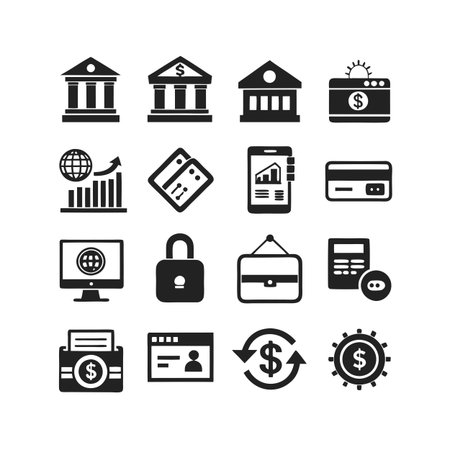 Financial Icons Set: Banking, Investment, and Online Commerce Symbols in Black and Whiteのイラスト素材
