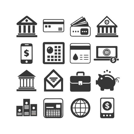 Financial and banking icons, representing money, investment, and economic activity in a minimalist styleのイラスト素材