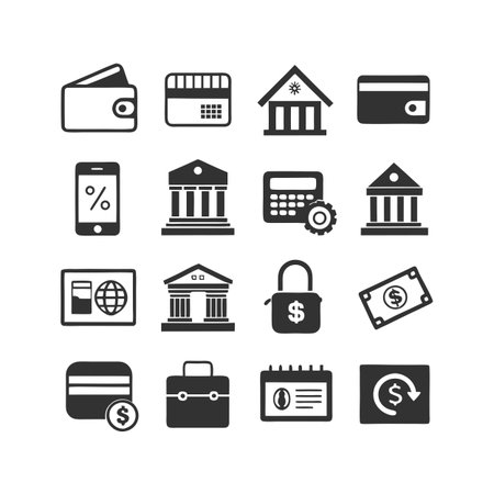 Monochromatic financial icons showcasing banking, investment, savings, and general monetary conceptsのイラスト素材