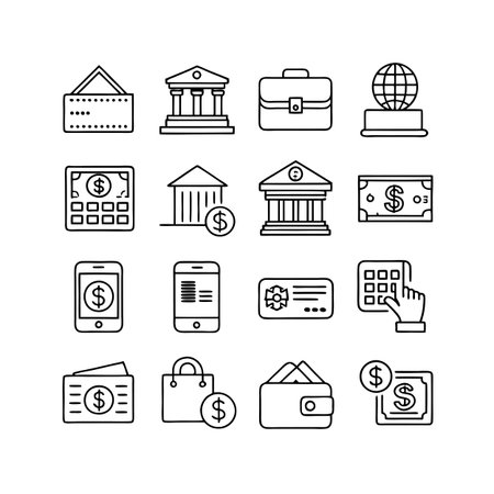 Outline icons illustrating finance, banking, and shopping concepts in a clean and modern designのイラスト素材