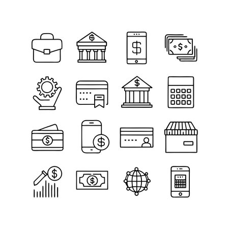Minimalist line art icons representing business finance and banking related symbolsのイラスト素材