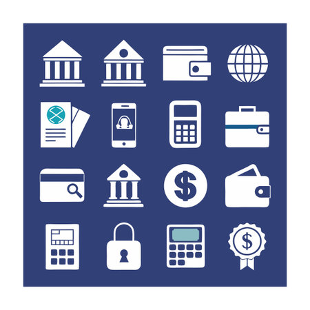 Finance and banking icons set against a dark blue background in clean design.のイラスト素材