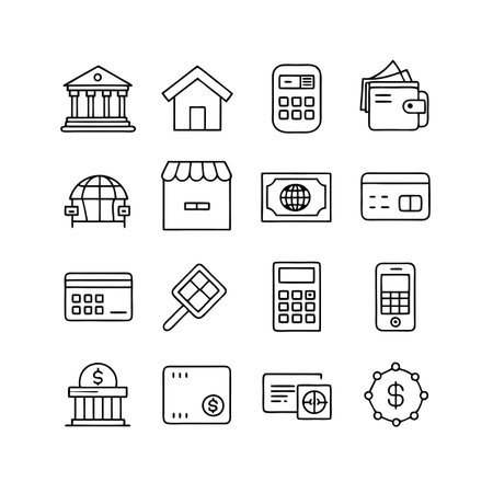 Financial Icons Set in Line Style Depicting Banking, Business and Commerceのイラスト素材