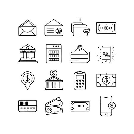 Financial elements in outline style presenting money transactions, bank, payment processing and monetary instrumentsのイラスト素材