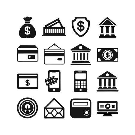 Banking and Finance Icons: A collection of simple black silhouette money and banking iconsのイラスト素材