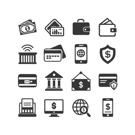 Online Banking and Finance Vector Icons Representing Money Transactions and Financial Activitiesのイラスト素材