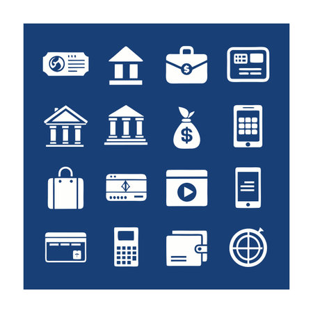 Financial services and banking icons depicting modern finance and technology on a blue background.のイラスト素材