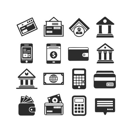 Financial Icon Set: Banking and Money Related Objects in Simple Black and White Graphicsのイラスト素材