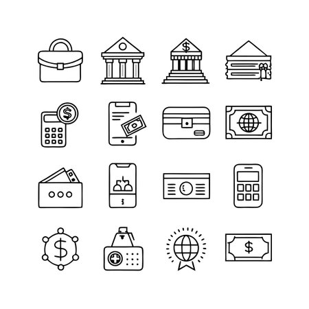 Line Art Collection of Finance and Banking Icons Representing Modern Financial Servicesのイラスト素材
