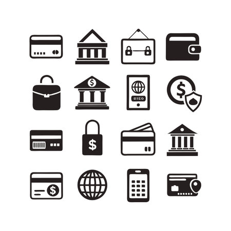 Set of financial icons representing banking, money, security, and payment methodsのイラスト素材
