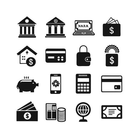 Financial Icon Set Featuring Bank, Money, Credit Card, Piggy Bank and Other Assetsのイラスト素材