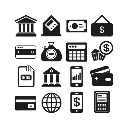 Icon set representing financial institutions and monetary transactions with flat graphic style on a white backgroundのイラスト素材