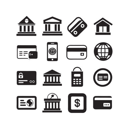 Finance and banking icon set featuring buildings cards dollar sign and global businessのイラスト素材