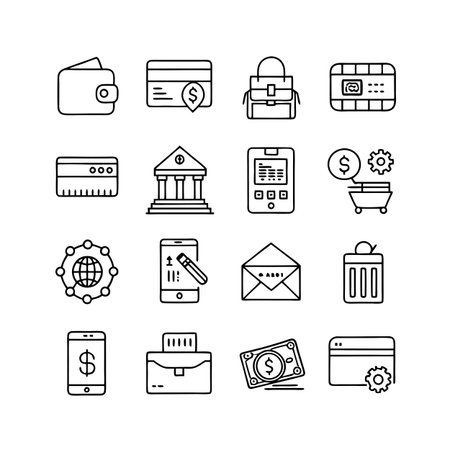 Outline icons depicting personal finance, banking, ecommerce, and data management conceptsのイラスト素材