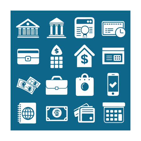 Financial and banking icons set with business elements on blue backgroundのイラスト素材