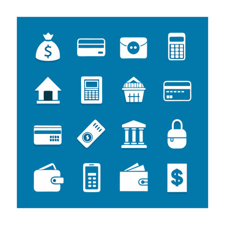 Flat design icon set representing financial services and online banking solutions on blue backgroundのイラスト素材