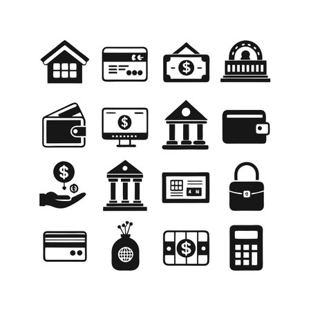 Financial Icons Representing Banking, Real Estate, and Investments on White Backgroundのイラスト素材