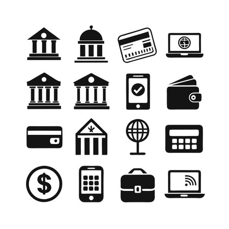 Black and white financial technology and banking services icon set illustrationのイラスト素材