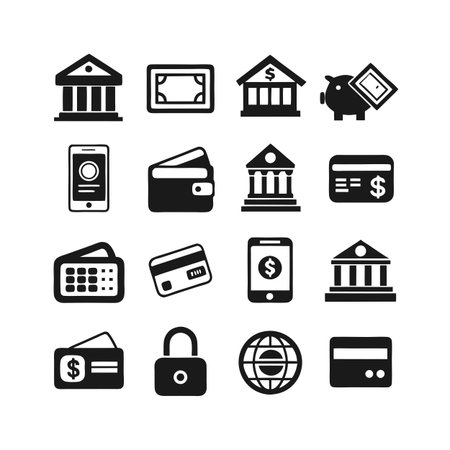 Financial Icons Set: Banking, Savings, and Payment Methods in Simple Black and Whiteのイラスト素材