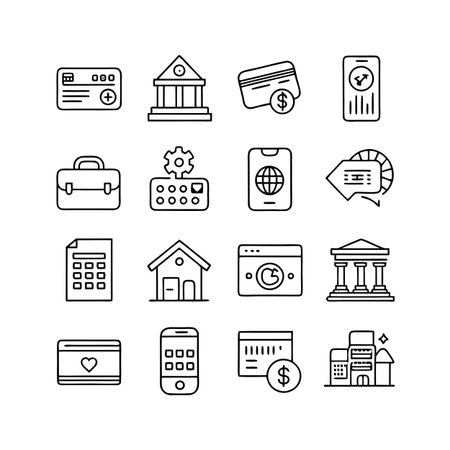 Set of linear icons representing finance, payments, banking, and online services, modern flat styleのイラスト素材