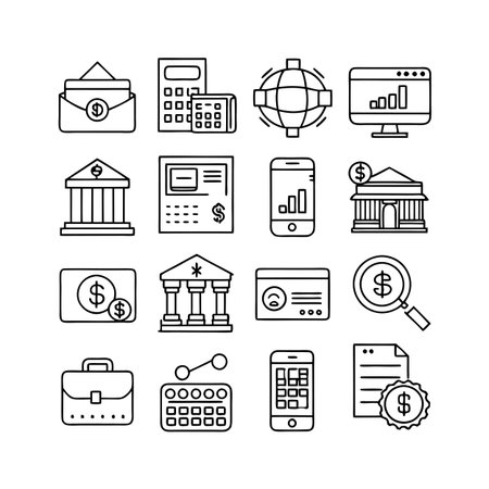 Financial Icons Set: Business, Banking, and Investment Theme with Line Art Styleのイラスト素材