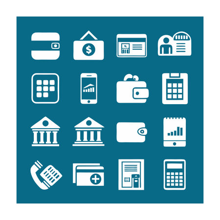 Financial and Business Icons Set in White on Teal Background, Vector Illustrationのイラスト素材