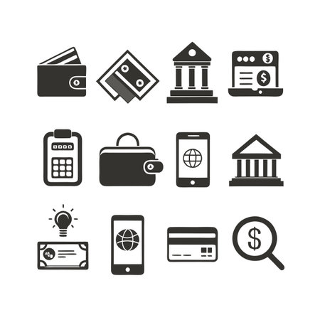 Financial Icon Set Featuring Wallet, Calculator, Bank, Online Banking and Credit Cardのイラスト素材