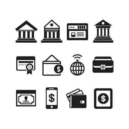 Set of twelve various financial and banking icons in clean black silhouetteのイラスト素材