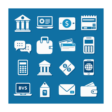 Finance and business icon set in flat style on a blue backgroundのイラスト素材
