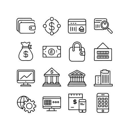 Finance and banking icons set on white background: linear vector illustrationsのイラスト素材