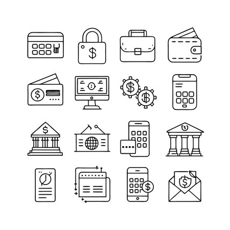 Line art illustration of financial icons representing banking, payments, and online commerce conceptsのイラスト素材