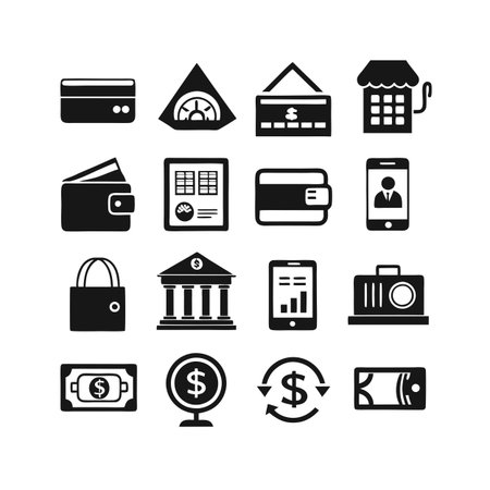 Collection of financial and business icons in monochrome style, isolated on white backgroundのイラスト素材