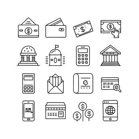 Finance and Banking Icons: Wallet, Bank Building, Money, Transactions, and Growth Symbolsのイラスト素材