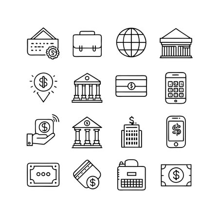 Collection of banking and finance icons representing monetary transactions and global financial operationsのイラスト素材
